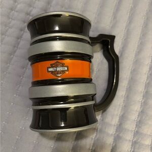 Harley-Davidson Mug Ceramic Black Silver & Orange Mini Logos on Orange Stripe